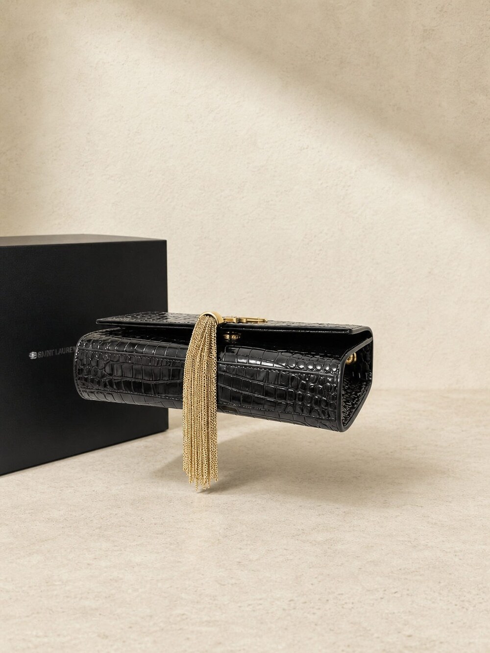 Yves Saint Laurent Kate Medium Black Croc Embossed Tassel Bag - Picture 3 of 6